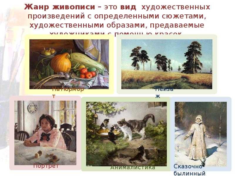 ЖАНРЫ ЖИВОПИСИ фр genre – род вид – исторически сложившееся деление произведений живописи в соответствии с темами и объектами изображения В современной живописи существуют следующие жанры: портрет исторический мифологический батальный бытовой пейзаж натюр