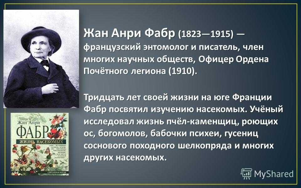 ФАБР, ЖАН АНРИ Fabre, Jean Henri 1823–1915, французский энтомолог и писатель Родился 22 декабря 1823 в Сен-Леоне По окончании педагогического училища 1842 работал школьным учителем С 1849 преподавал в лицее Аяччо оКорсика В 1852 стал преподавателем физики